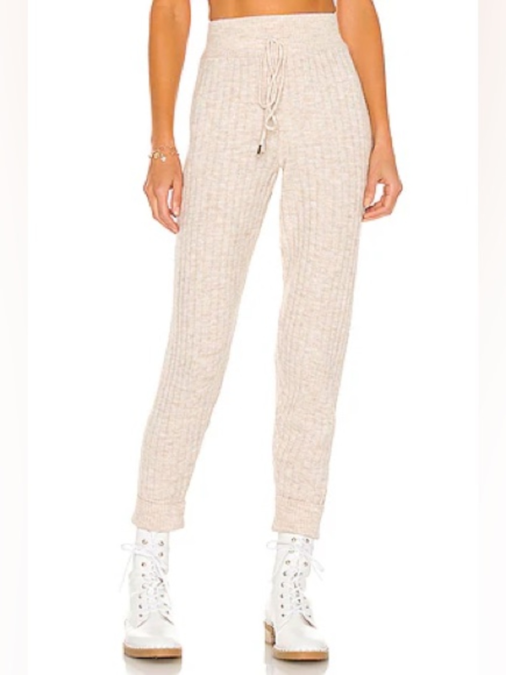 Free People Around the Clock Jogger - Oatmeal Beige Knit Ribbed Pants